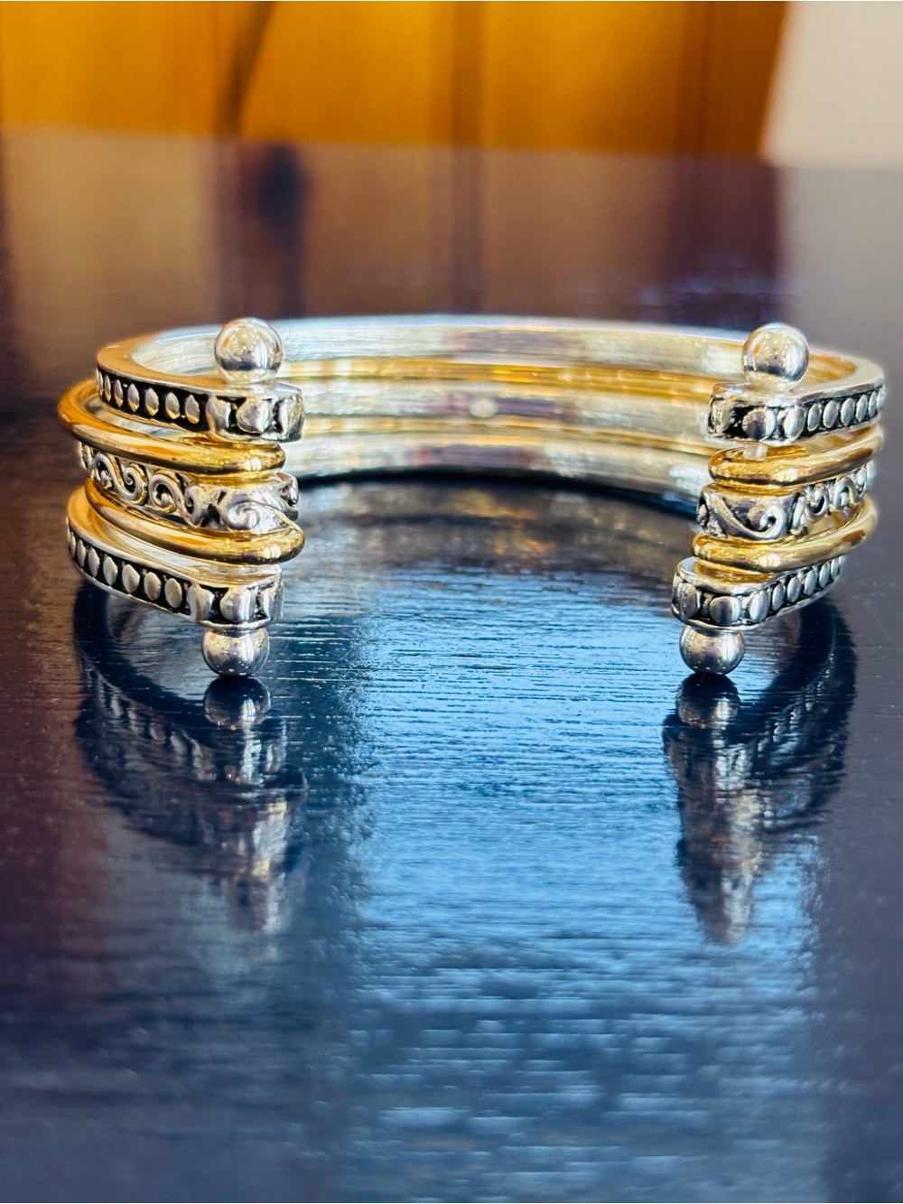 Two-Tone Ornate Cuff Bracelet - Gold & Silver - Picture 2 of 4